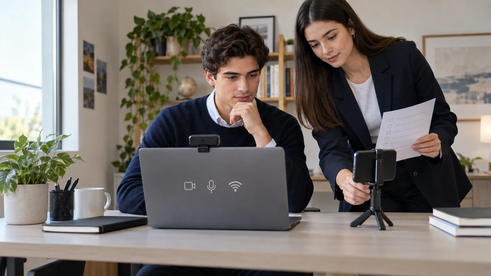 Zwei Business-Studieninteressierte richten Laptop, Webcam und Smartphone für einen beaufsichtigten Bocconi-Test ein.