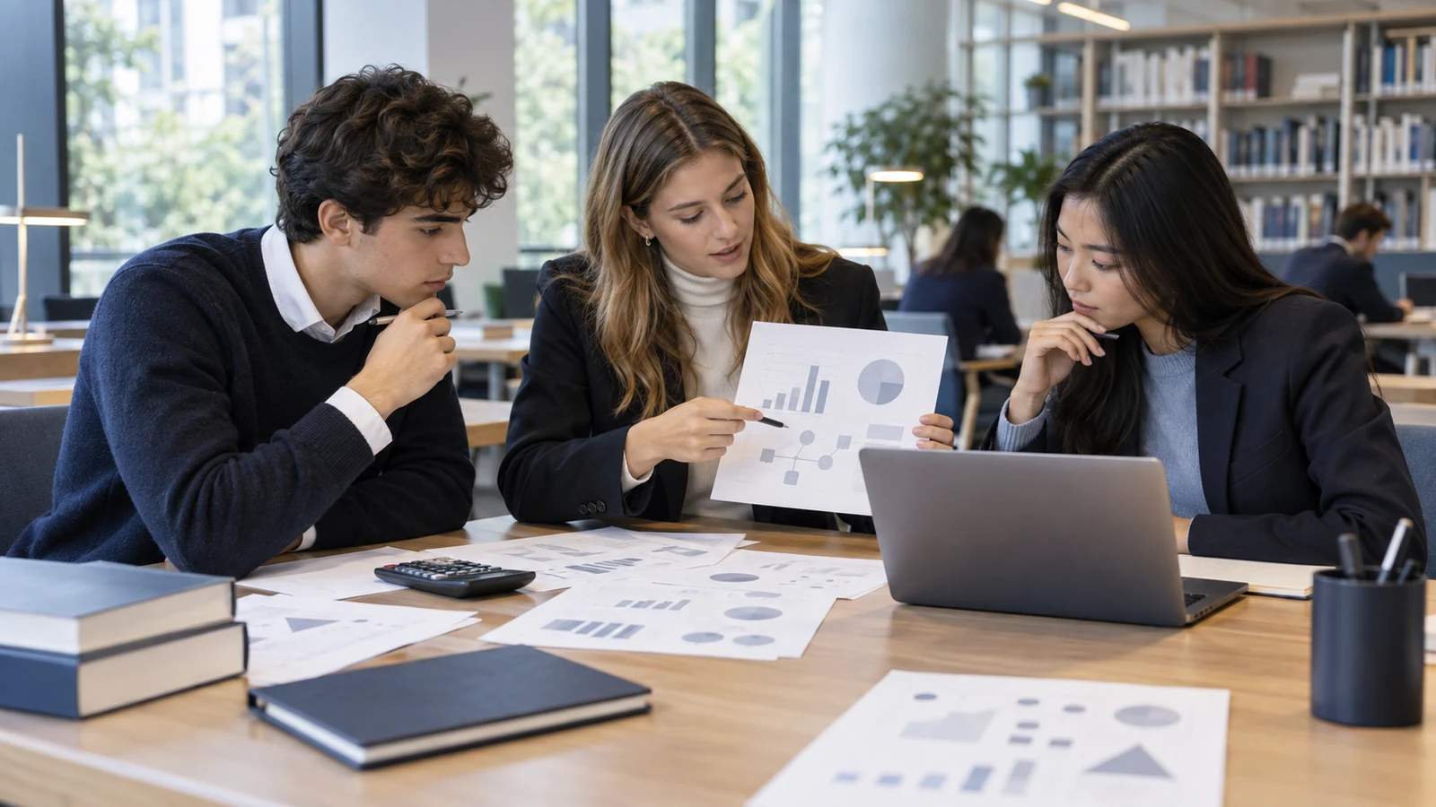 Drei Business-Studieninteressierte analysieren gemeinsam Diagramme zur Vorbereitung auf den Bocconi Online Test.