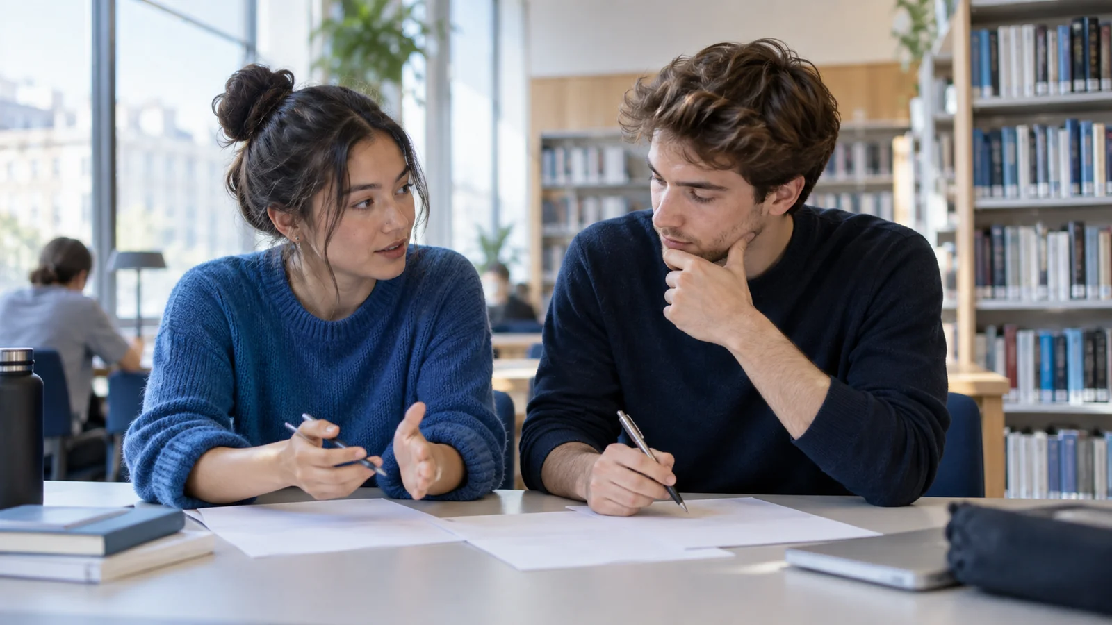 Zwei junge Erwachsene besprechen an einem Bibliothekstisch ein Blatt Papier.