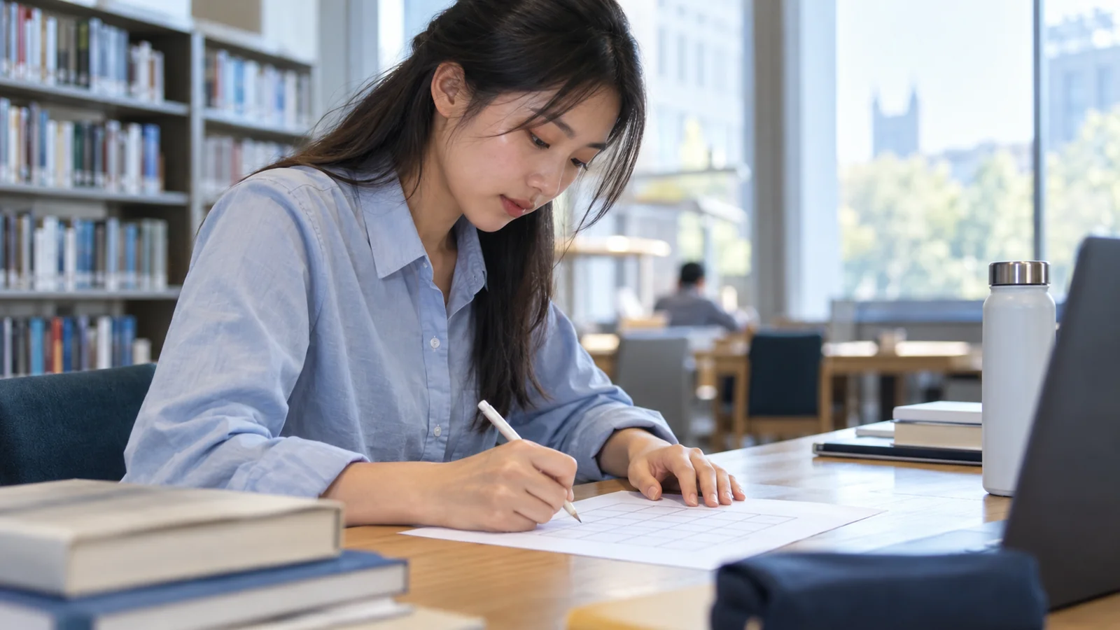 Junge Frau arbeitet in einer Bibliothek mit Stift und Papier an einem Tisch.