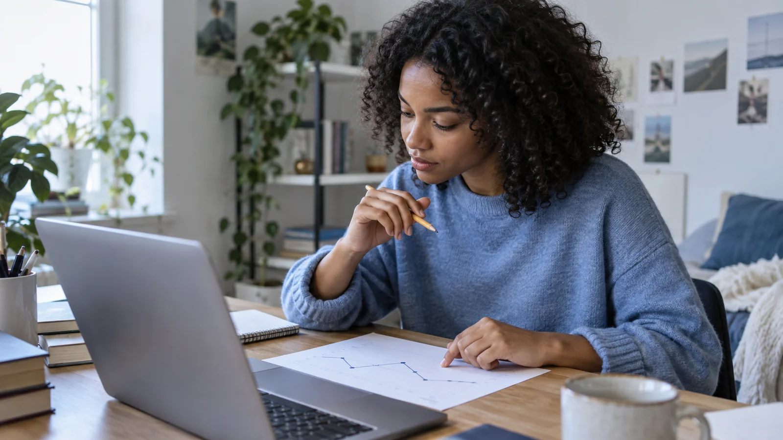 Junge Frau prüft an einem Tisch ein Blatt Papier; Laptop und Stift liegen bereit.
