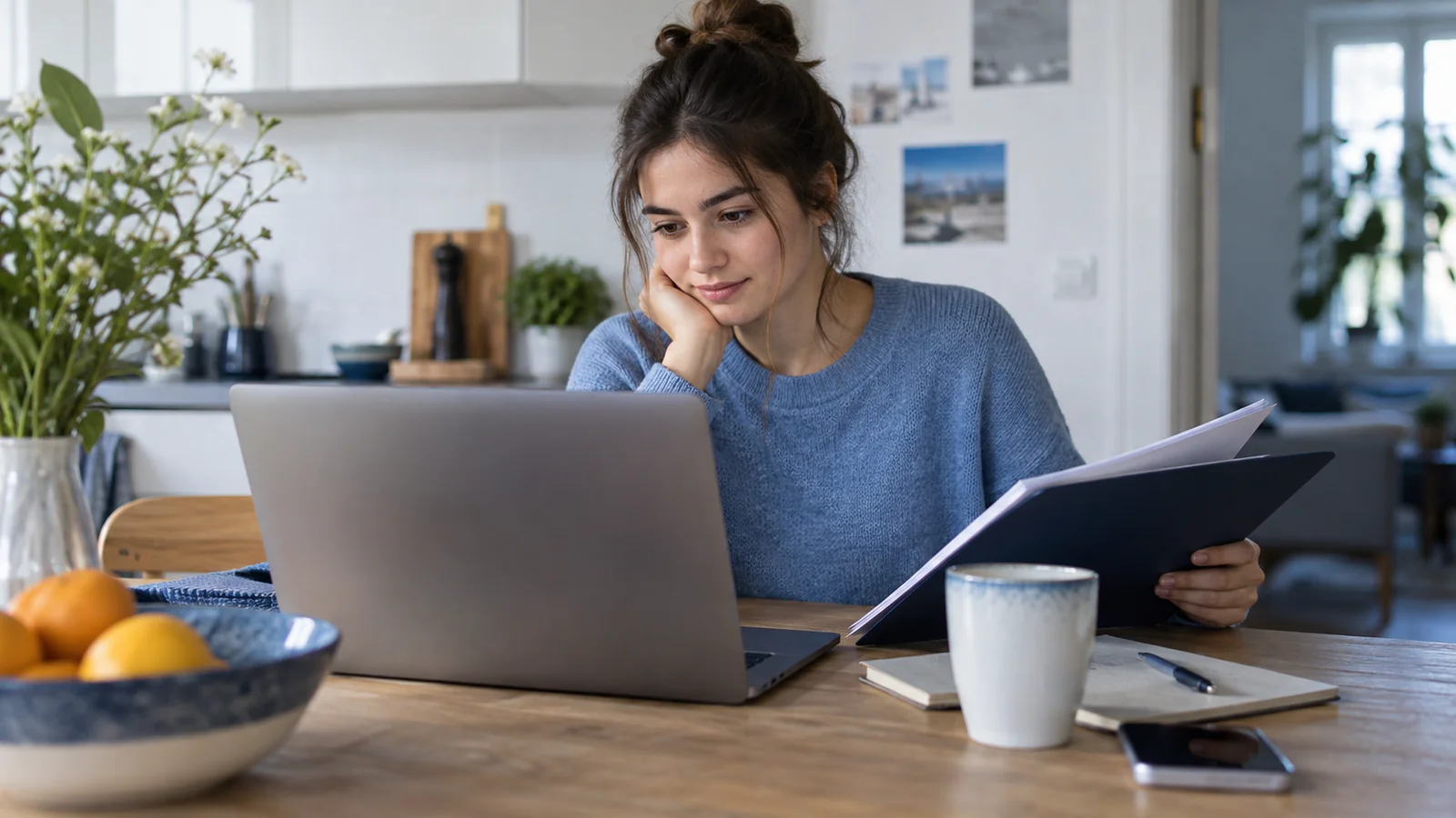 Junge Frau vergleicht an einem Tisch Unterlagen mit dem Inhalt eines Laptops.