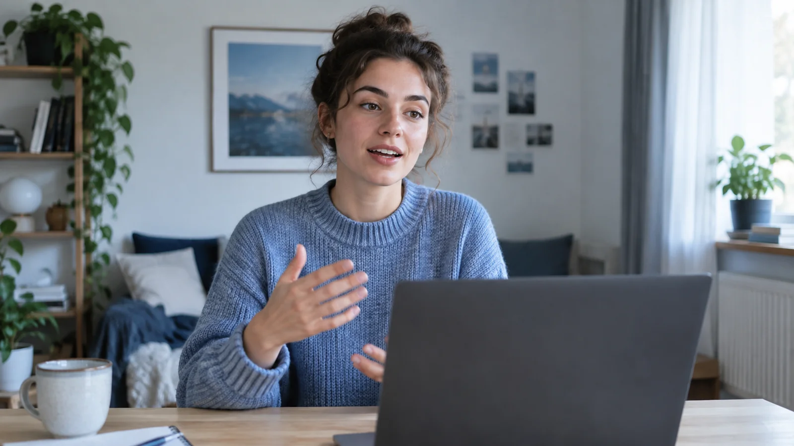 Junge Frau spricht an einem ruhigen Arbeitsplatz vor einem Laptop.