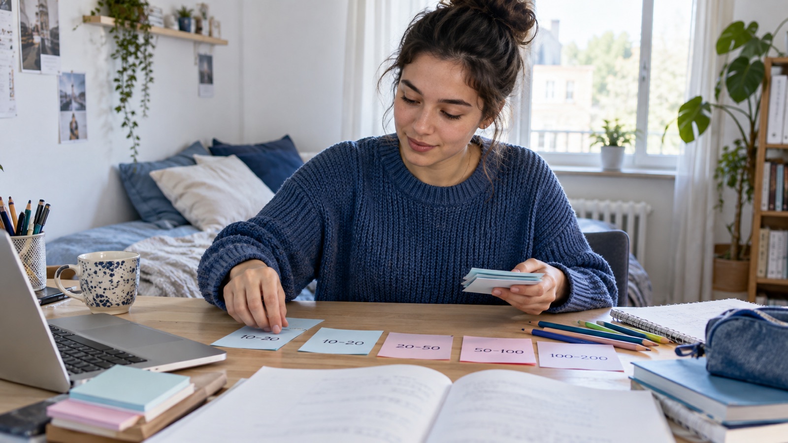 Lernende Person ordnet Zahlenbereiche und Notizen am Tisch.